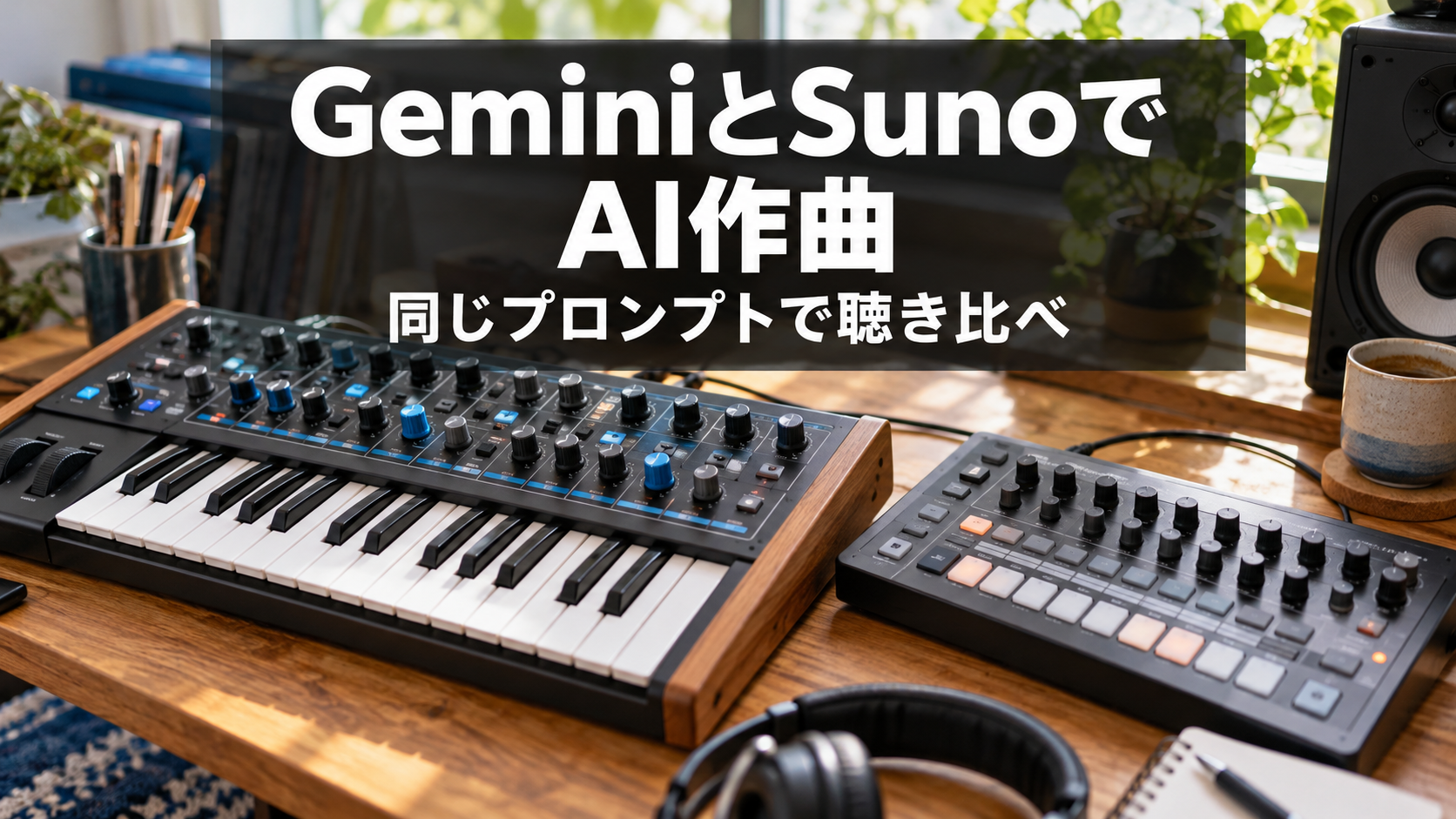 シンセと制作機材を背景に「GeminiとSunoでAI作曲 同じプロンプトで聴き比べ」と記載したアイキャッチ